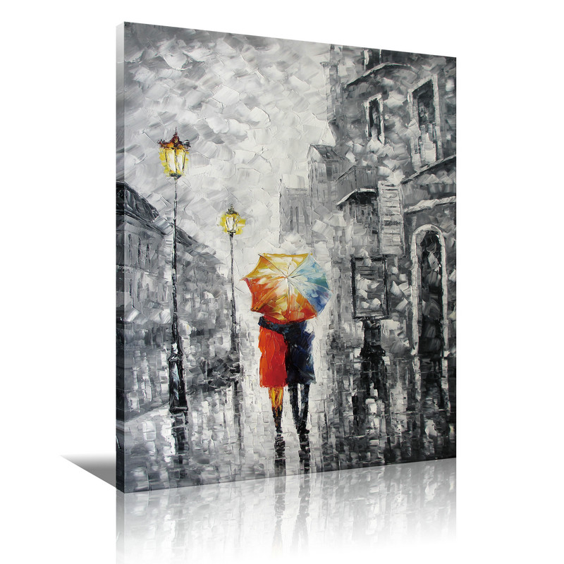 Canvas Art Lovers Under The One Umbrella Palette Knife Painting Black White Red Blue - Cheap Framed Art Sitting Room Huge